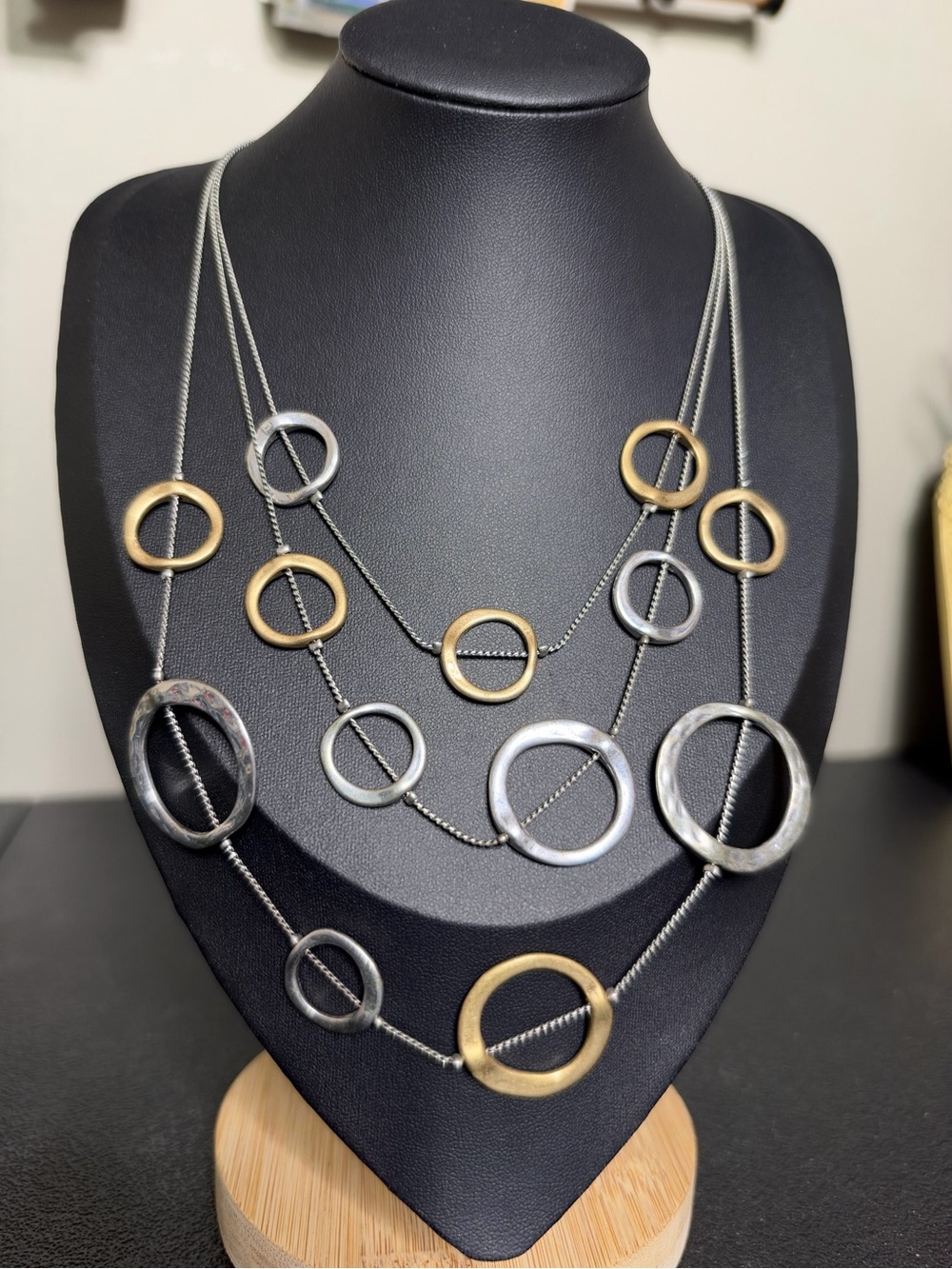 Chico’s Hammered Mixed Metal Circle Station Long Necklace - Gold & Silver